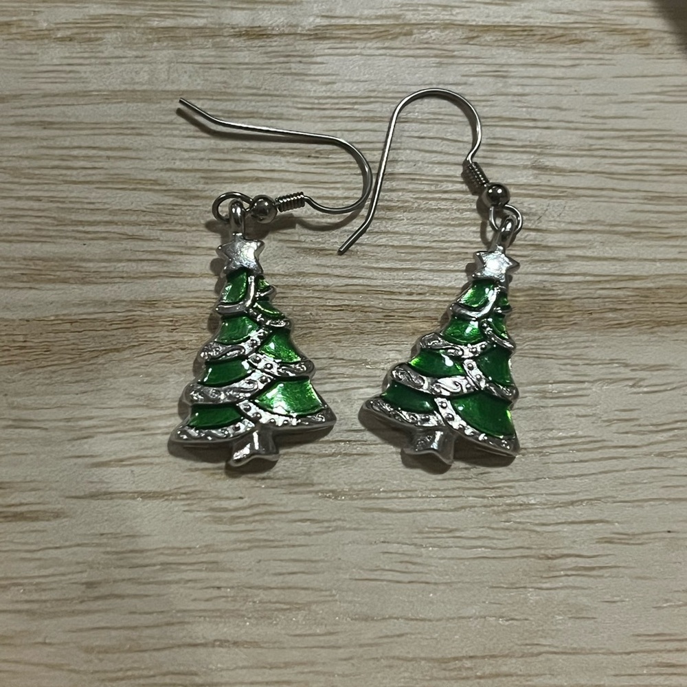 Silver and Green Christmas Tree Dangle Earrings - Women's Holiday Jewelry